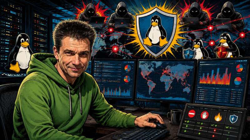 Grafik: T.C. Müller im grünen Hoodie überwacht in einem modernen Linux-Sicherheitszentrum mehrere Monitore mit Angriffsanalysen, Weltkarte, Sicherheitsstatistiken und Linux-Pinguinen. Die Comic-Illustration symbolisiert den Beta-Test eines webbasierten Ma