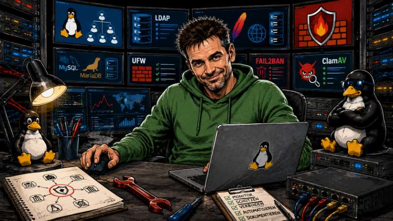 Grafik: T.C. Müller im grünen Hoodie arbeitet an einem Laptop in einem modernen Linux-Serverraum. Umgeben von Serverracks, Monitoren mit OpenLDAP-, Apache-, MariaDB-, UFW-, Fail2ban- und ClamAV-Ansichten sowie Linux-Pinguinen symbolisiert die Comic-Illust