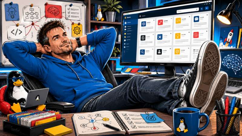 Grafik: T.C. Müller im blauen Hoodie sitzt an einem Schreibtisch vor einem Computer und entwickelt ein webbasiertes System zur Verwaltung von Prompts und Textbausteinen. Umgeben von Notizen, Symbolen für KI, Programmierung und Organisation sowie einem Lin